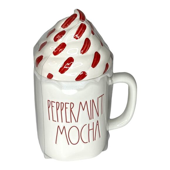 NEW Rae Dunn Ceramic Peppermint Mocha COFFEE MUG + TOPPER Cover Lid White & Red - Picture 1 of 5